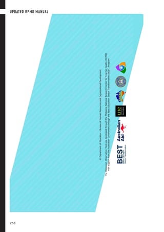 ©DepartmentofEducation-BureauofHumanResourcesandOrganizationalDevelopment
TheClassroomObservationToolwasdevelopedthroughthePhilippineNationalResearchCenterforTeacherQuality(RCTQ)
withsupportfromtheAustralianGovernmentthroughtheBasicEducationSectorTransformation(BEST)Program
UPDATED RPMS MANUAL
238
 
