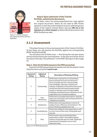 This phase focuses on the actual assessment of the Teacher Portfolio.
At this stage, you will examine the Portfolio against the corresponding
RPMS Tool and the IPCRF.
You will assess the Portfolio twice — first during the mid-year review
and second during the year-end evaluation. In the year-end review, fill out
the column that says “Actual Results” in the IPCRF. See Figure 3.28 on page
45.
Step 1: Rate the Portfolio based on the MOV presented.
ExaminetheMOVpresentedbytheteacherandratetheteacher’slevel
of performance using the 5-point scale:
Numerical
Rating
Adjectival
Rating
Description of Meaning of Rating
5 Outstanding
Performance represents an extraordinary
level of achievement and commitment in
terms of quality and time, technical skills
and knowledge, ingenuity, creativity and
initiative. Employees at this performance level
should have demonstrated exceptional job
mastery in all major areas of responsibility.
Employee achievement and contribution to the
organization are of marked excellence
4
Very
Satisfactory
Performance exceeded expectations. All goals,
objectives and targets were achieved above the
established standards.
3 Satisfactory
Performance met expectations in terms of
quality of work, efficiency and timeliness. The
most critical annual goals were met.
2 Unsatisfactory
Performance failed to meet expectations, and/
or one or more of the most critical goals were
not met.
1 Poor
Perforrmance was consistanetly below
expectations, and/or reasonable progress
toward critical goals was not made. Significant
improvement is needed in one or more
important areas.
Figure 3.8. The RPMS Rating Scale
Step 6: Upon submission of the Teacher
Portfolio, authenticate documents.
As Rater, check the photocopies/electronic copy against
the original documents. Raters do not need to affix his/her
signature in each document/evidence to prove valid and genuine
copies of the original. Instead, Raters may just affix his or her
signature on a sheet of paper to attest that all documents in the
RPMS Portfolio are valid.
Figure 3.7. A Rater compares
the original documents with the
duplicates.
3.1.2 Assessment
THE PORTFOLIO ASSESSMENT PROCESS
35
 