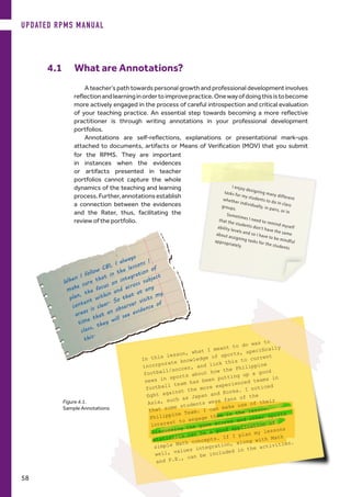 In this lesson, what I meant to do was to
incorporate knowledge of sports, specifically
football/soccer, and link this to current
news in sports about how the Philippine
football team has been putting up a good
fight against the more experienced teams in
Asia, such as Japan and Korea. I noticed
that some students were fans of the
Philippine Team. I can make use of their
interest to engage them in the lesson.
Discussing the game scores and other sports
statistics can be a good application of
simple Math concepts. If I plan my lessons
well, values integration, along with Math
and P.E., can be included in the activities.
When I follow CBI, I always
make sure that in the lessons I
plan, the focus on integration of
content within and across subject
areas is clear. So that at any
time that an observer visits my
class, they will see evidence of
this.
A teacher’s path towards personal growth and professional development involves
reflectionandlearninginordertoimprovepractice.Onewayofdoingthisistobecome
more actively engaged in the process of careful introspection and critical evaluation
of your teaching practice. An essential step towards becoming a more reflective
practitioner is through writing annotations in your professional development
portfolios.	
Annotations are self-reflections, explanations or presentational mark-ups
attached to documents, artifacts or Means of Verification (MOV) that you submit
4.1 	 What are Annotations?
I enjoy designing many different
tasks for my students to do in class
whether individually, in pairs, or in
groups.
Sometimes I need to remind myself
that the students don’t have the same
ability levels and so I have to be mindful
about assigning tasks for the students
appropriately.
for the RPMS. They are important
in instances when the evidences
or artifacts presented in teacher
portfolios cannot capture the whole
dynamics of the teaching and learning
process.Further,annotationsestablish
a connection between the evidences
and the Rater, thus, facilitating the
review of the portfolio.
Figure 4.1.
Sample Annotations
UPDATED RPMS MANUAL
58
 