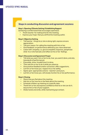 Steps in conducting discussion and agreement sessions
Step 1: Opening /Climate Setting/ Establishing Rapport
(achieving a comfort level that encourages openness)
•	 Thank teacher for making time for the meeting.
•	 Express your hope that you will find the meeting useful.
Step 2: Objective Setting
•	 Tell teacher things he or she is doing right; express sincere
appreciation.
•	 Tell your reason for calling the meeting with him or her.
•	 Give feedback on performance deficiency you have observed.
•	 Listen with empathy, i.e. give an empathic response, paraphrase
what he or she had said, and reflect on his or her feelings.
Step 3: Discussion and Agreement Proper
•	 Tell what you want him or her to do, how you want it done, and why
(standards of performance).
•	 If possible, show (model) how it is done.
•	 Then ask him or her to do it while you observe.
•	 Give positive feedback and/or correction; offer suggestions.
•	 Let him or her know you respect his or her ability.
•	 Agree upon appropriate actions - teacher’s and yours.
•	 Let him or her know you will closely monitor his or her performance.
Step 4: Closing
•	 Share how you feel about the meeting.
•	 Ask him or her how he or she feels about the meeting.
•	 Schedule a follow-up meeting on a specific date.
•	 Thank him or her and express confidence that he or she can do it.
Assure him or her of your support.
•	 Shake hands and smile, while maintaining eye contact.
UPDATED RPMS MANUAL
66
 