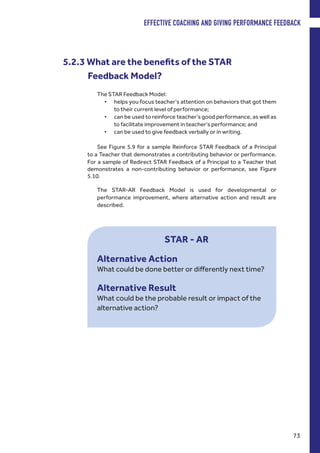 5.2.3 What are the benefits of the STAR
Feedback Model?
The STAR Feedback Model:
•	 helps you focus teacher’s attention on behaviors that got them
to their current level of performance;
•	 can be used to reinforce teacher’s good performance, as well as
to facilitate improvement in teacher’s performance; and
•	 can be used to give feedback verbally or in writing.
See Figure 5.9 for a sample Reinforce STAR Feedback of a Principal
to a Teacher that demonstrates a contributing behavior or performance.
For a sample of Redirect STAR Feedback of a Principal to a Teacher that
demonstrates a non-contributing behavior or performance, see Figure
5.10.
The STAR-AR Feedback Model is used for developmental or
performance improvement, where alternative action and result are
described.
STAR - AR
Alternative Action
What could be done better or differently next time?
Alternative Result
What could be the probable result or impact of the
alternative action?
EFFECTIVE COACHING AND GIVING PERFORMANCE FEEDBACK
73
 