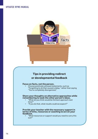 Tips in providing redirect
or developmental feedback
Focus on facts, not the person.
•	 Choose positively-phrased statements, such as
“Forgetting to do that caused a delay,” rather than saying
“You’re completely disorganized.“
Share your thoughts on alternative approaches while
remembering to seek the other person’s ideas.
•	 “What do you think would be the best approach next
time?”
•	 “If you do that, what results could we expect?”
Provide your teacher with the necessary support in
terms of time, resources or coaching to act on your
feedback.
•	 “What resources or support would you need to carry this
out?”
UPDATED RPMS MANUAL
76
 