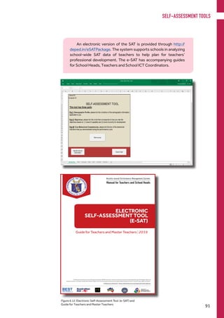Results-based Performance Management System
Manual for Teachers and School Heads
Philippine National
RESEARCH CENTER
FOR TEACHER QUALITY
The Results-based Performance Management System (RPMS) Manual for Teachers and School Heads was developed through the Philippine National
Research Center for Teacher Quality (RCTQ) with support from the Australian Government through the Basic Education Sector Transformation (BEST) Program.
© Department of Education - Bureau of Human Resource and Organizational Development
ELECTRONIC
SELF-ASSESSMENT TOOL
(E-SAT)
Guide for Teachers and Master Teachers 2019
Figure 6.12. Electronic Self-Assessment Tool (e-SAT) and
Guide for Teachers and Master Teachers
An electronic version of the SAT is provided through http://
deped.in/eSATPackage. The system supports schools in analyzing
school-wide SAT data of teachers to help plan for teachers’
professional development. The e-SAT has accompanying guides
for School Heads, Teachers and School ICT Coordinators.
SELF-ASSESSMENT TOOLS
91
 