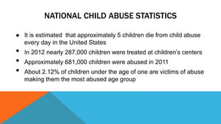 NATIONAL CHILD ABUSE STATISTICS 
● It is estimated that approximately 5 children die from child abuse 
every day in the United States 
• In 2012 nearly 287,000 children were treated at children’s centers 
• Approximately 681,000 children were abused in 2011 
• About 2.12% of children under the age of one are victims of abuse 
making them the most abused age group 
 