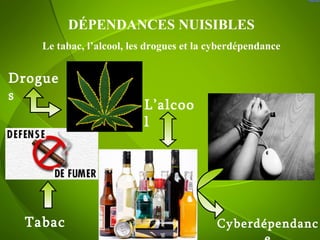 DÉPENDANCES NUISIBLES Le tabac, l’alcool, les drogues et la cyberdépendance L’alcool Tabac Cyberdépendance Drogues 
