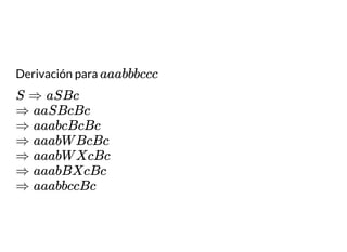 Derivación para aaabbbccc
S ⇒ aSBc
⇒ aaSBcBc
⇒ aaabcBcBc
⇒ aaabW BcBc
⇒ aaabW XcBc
⇒ aaabBXcBc
⇒ aaabbccBc
 
