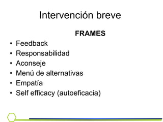 Intervención breve  FRAMES Feedback Responsabilidad Aconseje Menú de alternativas Empatía Self efficacy (autoeficacia) 