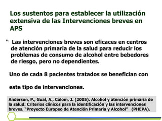 Anderson, P., Gual, A., Colom, J. (2005). Alcohol y atención primaria de la salud: Criterios clínicos para la identificación y las intervenciones breves. “Proyecto Europeo de Atención Primaria y Alcohol”  (PHEPA). “  Las intervenciones breves son eficaces en centros  de atención primaria de la salud para reducir los  problemas de consumo de alcohol entre bebedores  de riesgo, pero no dependientes. Uno de cada 8 pacientes tratados se benefician con  este tipo de intervenciones.  Los sustentos para establecer la utilización extensiva de las Intervenciones breves en APS  