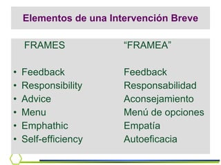 Elementos de una Intervención Breve FRAMES “FRAMEA” Feedback Feedback Responsibility  Responsabilidad Advice  Aconsejamiento Menu Menú de opciones Emphathic Empatía Self-efficiency Autoeficacia 