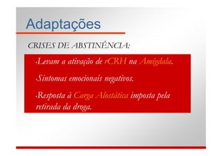 Adaptações
CRISES DE ABSTINÊNCIA:
 •Levam a ativação de rCRH na Amígdala.
 •Sintomas emocionais negativos.
 •Resposta à Carga Alostática imposta pela
 retirada da droga.
 