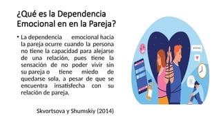 ¿Qué es la Dependencia
Emocional en en la Pareja?
• La dependencia emocional hacia
la pareja ocurre cuando la persona
no tiene la capacidad para alejarse
de una relación, pues tiene la
sensación de no poder vivir sin
su pareja o tiene miedo de
quedarse sola, a pesar de que se
encuentra insatisfecha con su
relación de pareja.
Skvortsova y Shumskiy (2014)
 