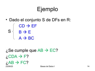 23/09/25 Bases de Datos I 14
Ejemplo
• Dado el conjunto S de DFs en R:
CD  EF
B  E
A  BC
¿Se cumple que AB  EC?
¿CDA  F?
¿AB  FC?
S
 