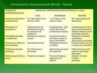 VARIABLES
BIOPSICOSOCIALES
GRADO DE COMPROMISO BIOPSICOSOCIAL (2° parte)
LEVE MODERADO SEVERO
Intentos de abstinencia
sin tratamiento
6 o más meses en los
últimos 3 años
1 a 5 meses en los
últimos 3 años
Sin ningún periodo de
abstinencia
Percepción de
autoeficacia
Autopercepción de
obtención de logros
en resolución de
problemas
Autopercepción : bajo
control del medio y
conducta de consumo
Autopercepción de muy
bajo control del medio o
absoluta ineficacia en el
control del consumo
Actividades laborales
o académicas
Mantiene su trabajo o
estudio
Ha discontinuado su
actividad o asiste en
forma intermitente
Despidos o abandono
actividades ,
Interrupción de estudios.
Consumo y/o tráfico en
otros familiares
Descartados ambos Presente el consumo,
sin tráfico
Presente ambos, en uno
o más de sus miembros
Problemas judiciales
asociados
Sin detenciones o
demandas
Detenciones por porte
de sustancias
Detenciones por porte,
consumo más actos
delictuales
Red de apoyo familiar y
social
Presencia red apoyo Precaria red apoyo,
dispuesta, con
reparos
Ausente, con gran
conflicto
relacional.
 
