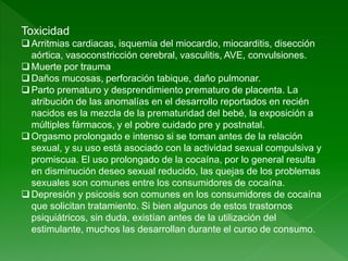 Toxicidad
 Arritmias cardiacas, isquemia del miocardio, miocarditis, disección
aórtica, vasoconstricción cerebral, vasculitis, AVE, convulsiones.
 Muerte por trauma
 Daños mucosas, perforación tabique, daño pulmonar.
 Parto prematuro y desprendimiento prematuro de placenta. La
atribución de las anomalías en el desarrollo reportados en recién
nacidos es la mezcla de la prematuridad del bebé, la exposición a
múltiples fármacos, y el pobre cuidado pre y postnatal.
 Orgasmo prolongado e intenso si se toman antes de la relación
sexual, y su uso está asociado con la actividad sexual compulsiva y
promiscua. El uso prolongado de la cocaína, por lo general resulta
en disminución deseo sexual reducido, las quejas de los problemas
sexuales son comunes entre los consumidores de cocaína.
 Depresión y psicosis son comunes en los consumidores de cocaína
que solicitan tratamiento. Si bien algunos de estos trastornos
psiquiátricos, sin duda, existían antes de la utilización del
estimulante, muchos las desarrollan durante el curso de consumo.
 
