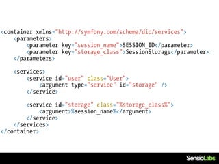 <container xmlns="http://symfony.com/schema/dic/services">
    <parameters>
        <parameter key="session_name">SESSION_ID</parameter>
        <parameter key="storage_class">SessionStorage</parameter>
    </parameters>

    <services>
        <service id="user" class="User">
            <argument type="service" id="storage" />
        </service>

        <service id="storage" class="%storage_class%">
             <argument>%session_name%</argument>
        </service>
    </services>
</container>
 