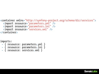 <container xmlns="http://symfony-project.org/schema/dic/services">
  <import resource="parameters.yml" />
  <import resource="parameters.ini" />
  <import resource="services.xml" />
</container>


imports:
 - { resource: parameters.yml }
 - { resource: parameters.ini }
 - { resource: services.xml }
 