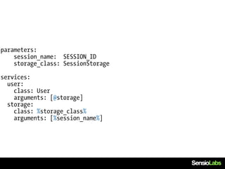 parameters:
    session_name: SESSION_ID
    storage_class: SessionStorage

services:
  user:
    class: User
    arguments: [@storage]
  storage:
    class: %storage_class%
    arguments: [%session_name%]
 