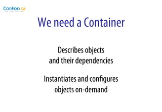 We need a Container
     Describes objects
  and their dependencies

 Instantiates and conﬁgures
     objects on-demand
 