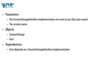 •  Parameters
   –  The SessionStorageInterface implementation we want to use (the class name)
   –  The session name
•  Objects
   –  SessionStorage
   –  User
•  Dependencies
   –  User depends on a SessionStorageInterface implementation
 