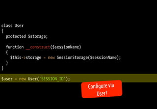 class User
{
  protected $storage;

    function __construct($sessionName)
    {
      $this->storage = new SessionStorage($sessionName);
    }
}

$user = new User('SESSION_ID');
                                         Configure via
                                             User?
 