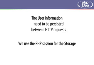 The User information
         need to be persisted
        between HTTP requests

We use the PHP session for the Storage
 