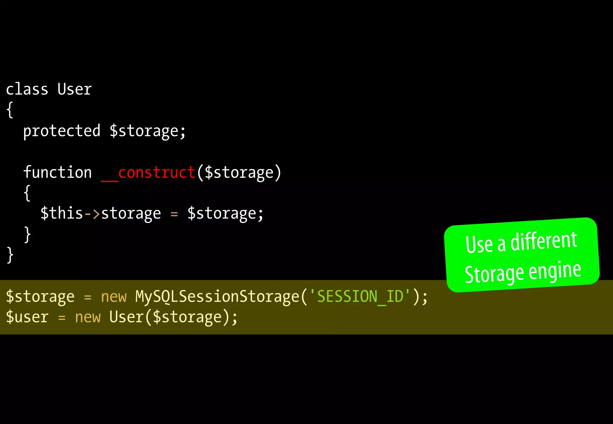 class User
{
protected $storage;
function __construct($storage)
{
$this->storage = $storage;
}
}
$storage = new MySQLSessionStorage('SESSION_ID');
$user = new User($storage);
Use a different
Storage engine
 