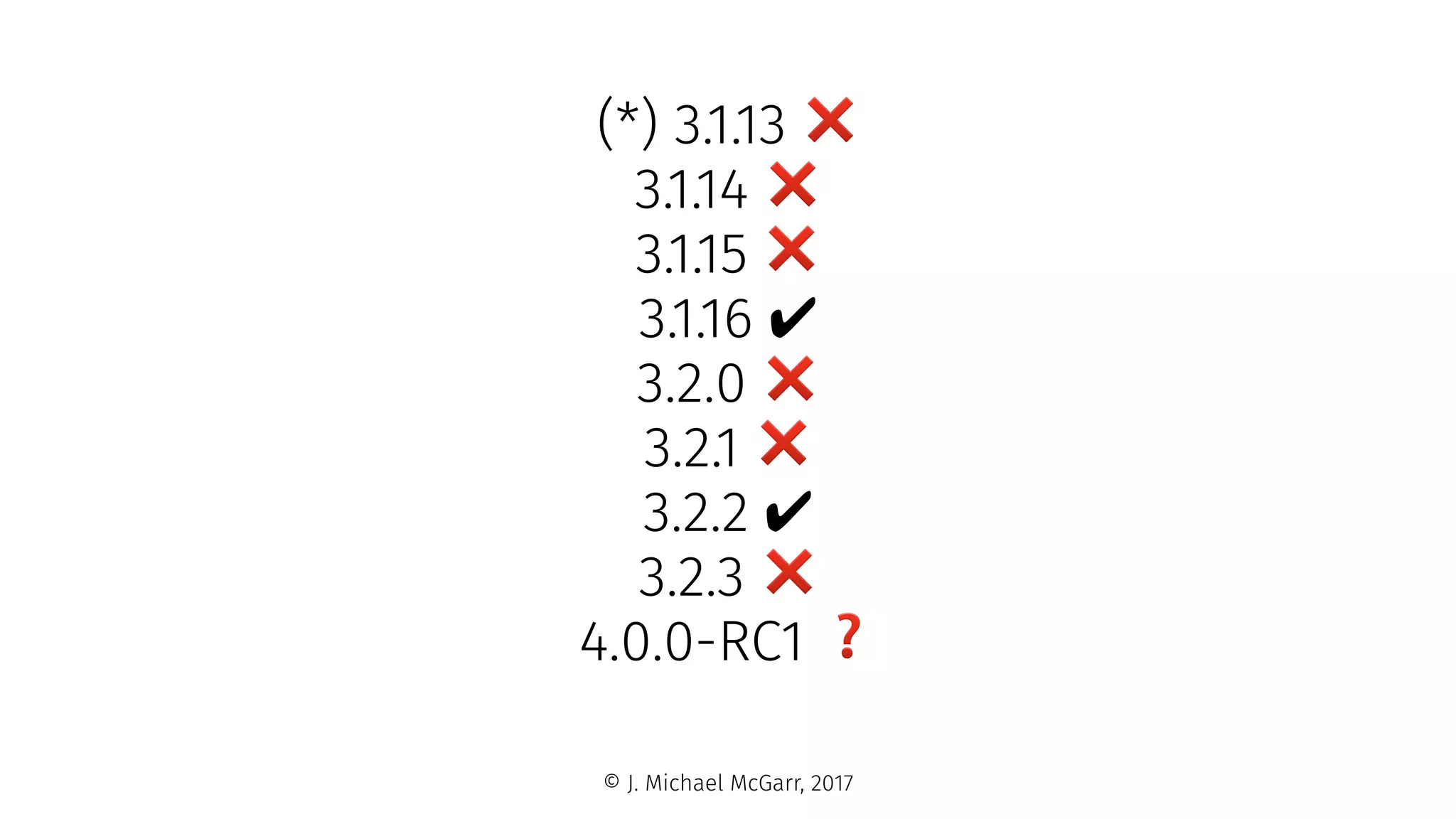 (*) 3.1.13 ❌
3.1.14 ❌
3.1.15 ❌
3.1.16 ✔
3.2.0 ❌
3.2.1 ❌
3.2.2 ✔
3.2.3 ❌
4.0.0-RC1 ❓
© J. Michael McGarr, 2017
 
