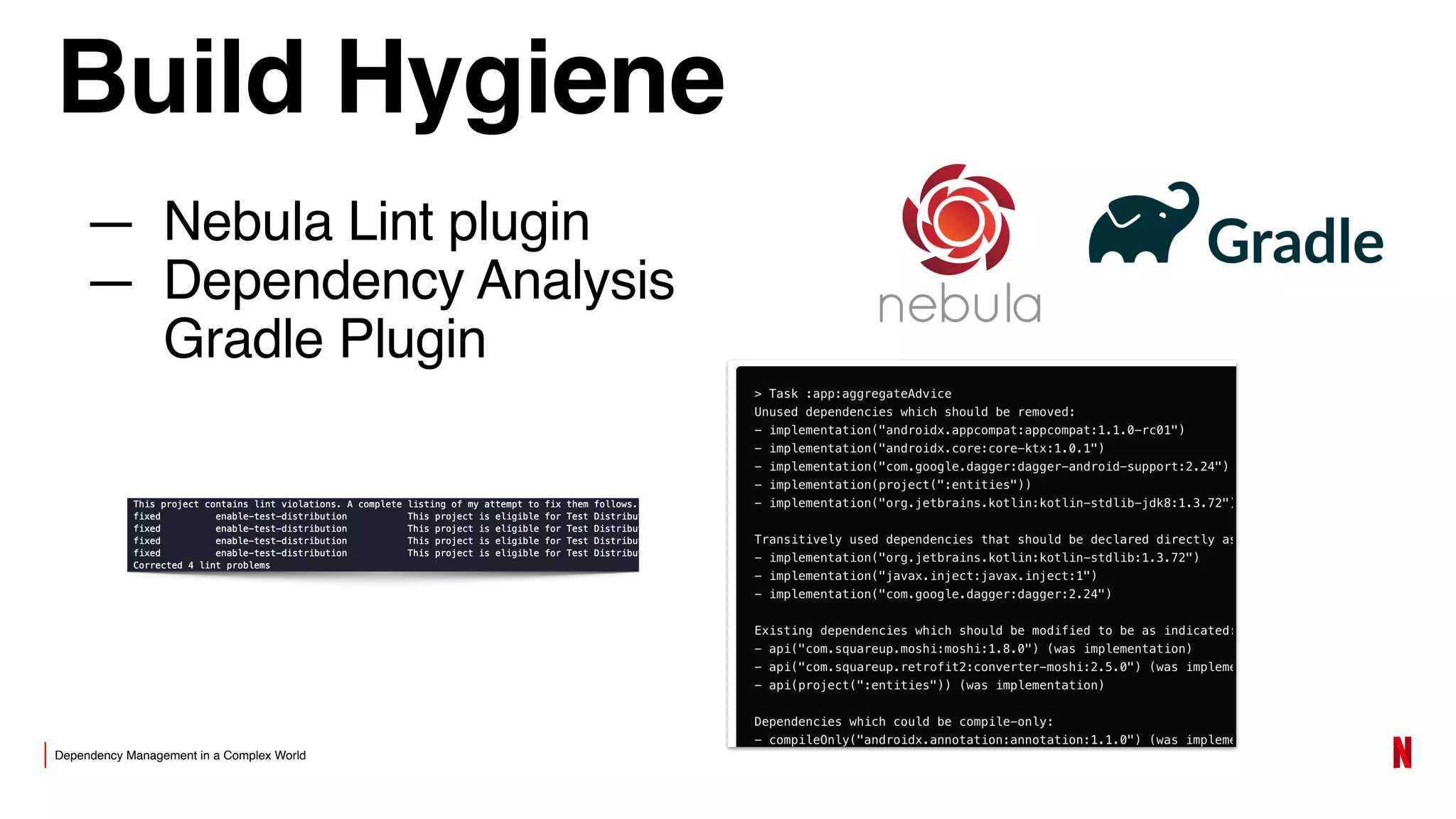 Dependency Management in a Complex World
Build Hygiene
— Nebula Lint plugin
— Dependency Analysis
Gradle Plugin
 