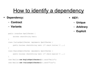 How to identify a dependency Dependency:  Contract Variants public interface SpellChecker { boolean check(String text); } class ItalianSpellChecker implements SpellChecker { public boolean check(String text) {/* check italian */ ...} } class EnglishSpellChecker implements SpellChecker { public boolean check(String text) {/* check english */ ...} } (new Emailer( new EnglishSpellChecker() )).send(“Hello”); (new Emailer( new ItalianSpellChecker() )).send(“Ciao”); KEY: Unique Arbitrary Explicit 