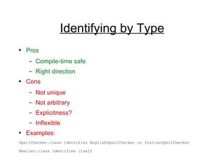 Identifying by Type Pros Compile-time safe Right direction Cons Not unique Not arbitrary Explicitness? Inflexible Examples: SpellChecker.class identifies EnglishSpellChecker or ItalianSpellChecker Emailer.class identifies itself 
