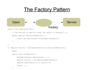 The Factory Pattern public class EmailerFactory { /* The Factory is explicit about the object it produces...*/ public Emailer newItalianEmailer() { return new Emailer(new ItalianSpellChecker()); } } Emailer service = new EmailerFactory().newItalianEmailer(); @Test public void testEmailer() { MockSpellChecker spellChecker = ... Emailer emailer = new Emailer( spellChecker ); emailer.send("Fatte DI in ufficio!"); assert ...; } Client Factory Service 