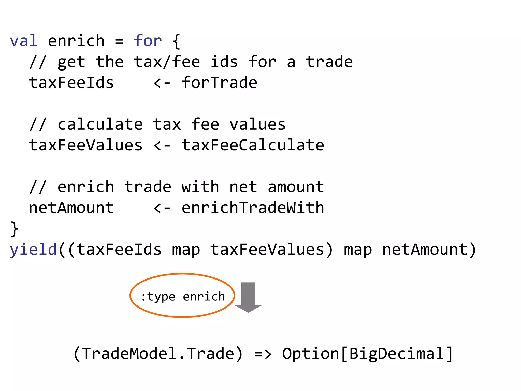val  enrich =  for  { // get the tax/fee ids for a trade taxFeeIds  <- forTrade  // calculate tax fee values taxFeeValues <- taxFeeCalculate // enrich trade with net amount netAmount  <- enrichTradeWith } yield ((taxFeeIds map taxFeeValues) map netAmount) (TradeModel.Trade) => Option[BigDecimal] :type enrich 