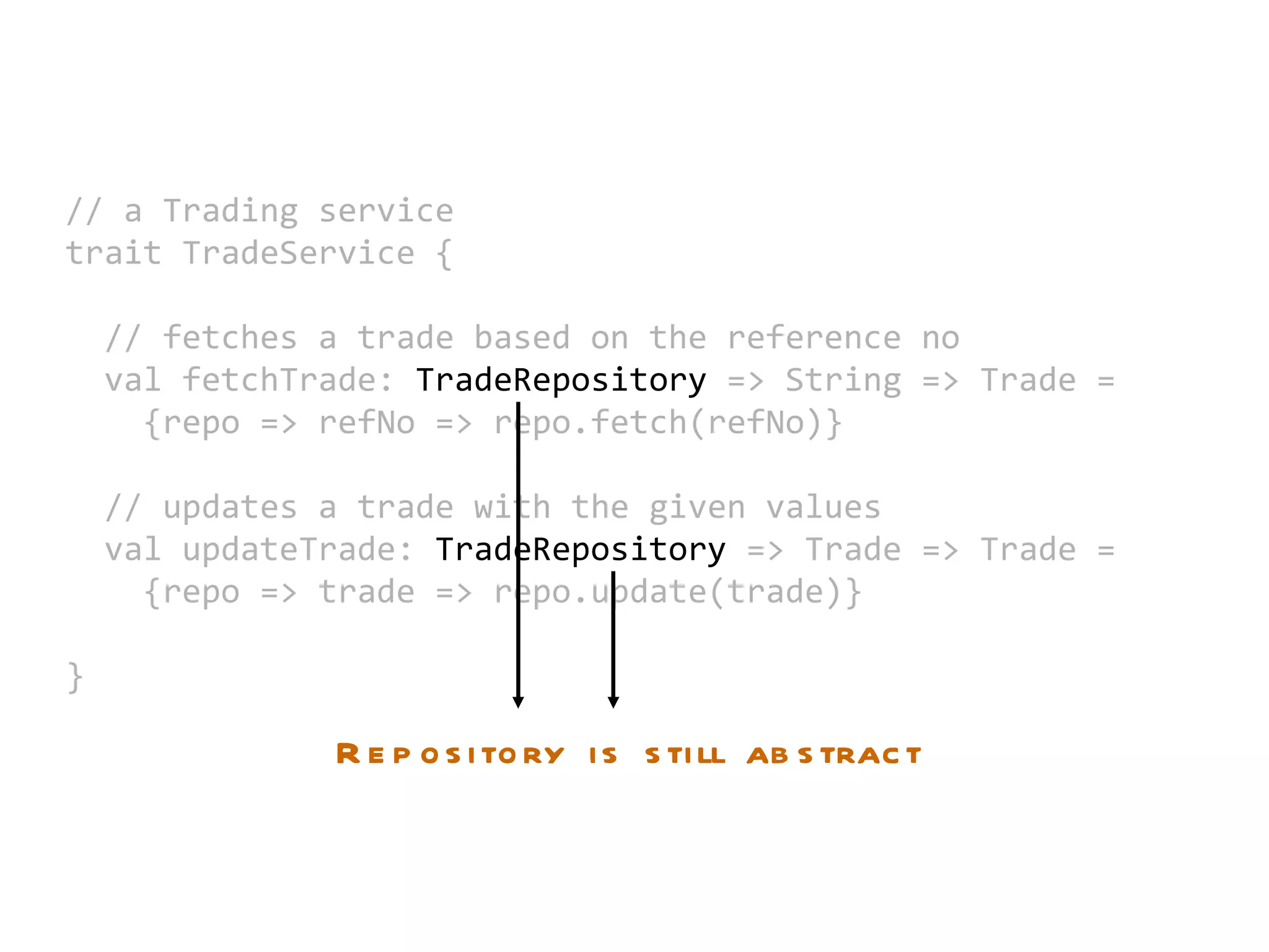 // a Trading service trait TradeService { // fetches a trade based on the reference no val fetchTrade:  TradeRepository  => String => Trade = {repo => refNo => repo.fetch(refNo)} // updates a trade with the given values val updateTrade:  TradeRepository  => Trade => Trade = {repo => trade => repo.update(trade)} } Repository is still abstract 