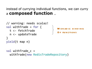 instead of currying individual functions, we can curry a  composed function  ..  // warning: needs scalaz! val  withTrade ...