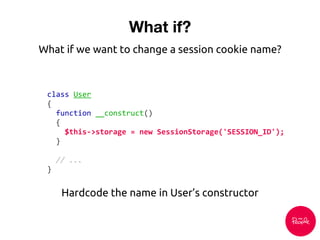 What if?
What if we want to change a session cookie name?
class User
{
function __construct()
{
$this->storage = new SessionStorage('SESSION_ID');
}
// ...
}
Hardcode the name in User’s constructor
 