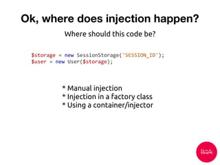 Ok, where does injection happen?
$storage = new SessionStorage('SESSION_ID');
$user = new User($storage);
Where should this code be?
* Manual injection
* Injection in a factory class
* Using a container/injector
 