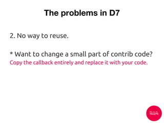The problems in D7
2. No way to reuse.
* Want to change a small part of contrib code?
Copy the callback entirely and replace it with your code.
 