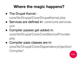 ● The Drupal Kernel :
core/lib/Drupal/Core/DrupalKernel.php
● Services are defined in: core/core.services.
yml
● Compiler passes get added in:
core/lib/Drupal/Core/CoreServiceProvider.
php
● Compiler pass classes are in:
core/lib/Drupal/Core/DependencyInjection/
Compiler/
Where the magic happens?
 