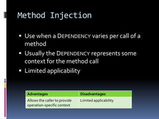 Method Injection
 Use when a DEPENDENCY varies per call of a
method
 Usually the DEPENDENCY represents some
context for ...