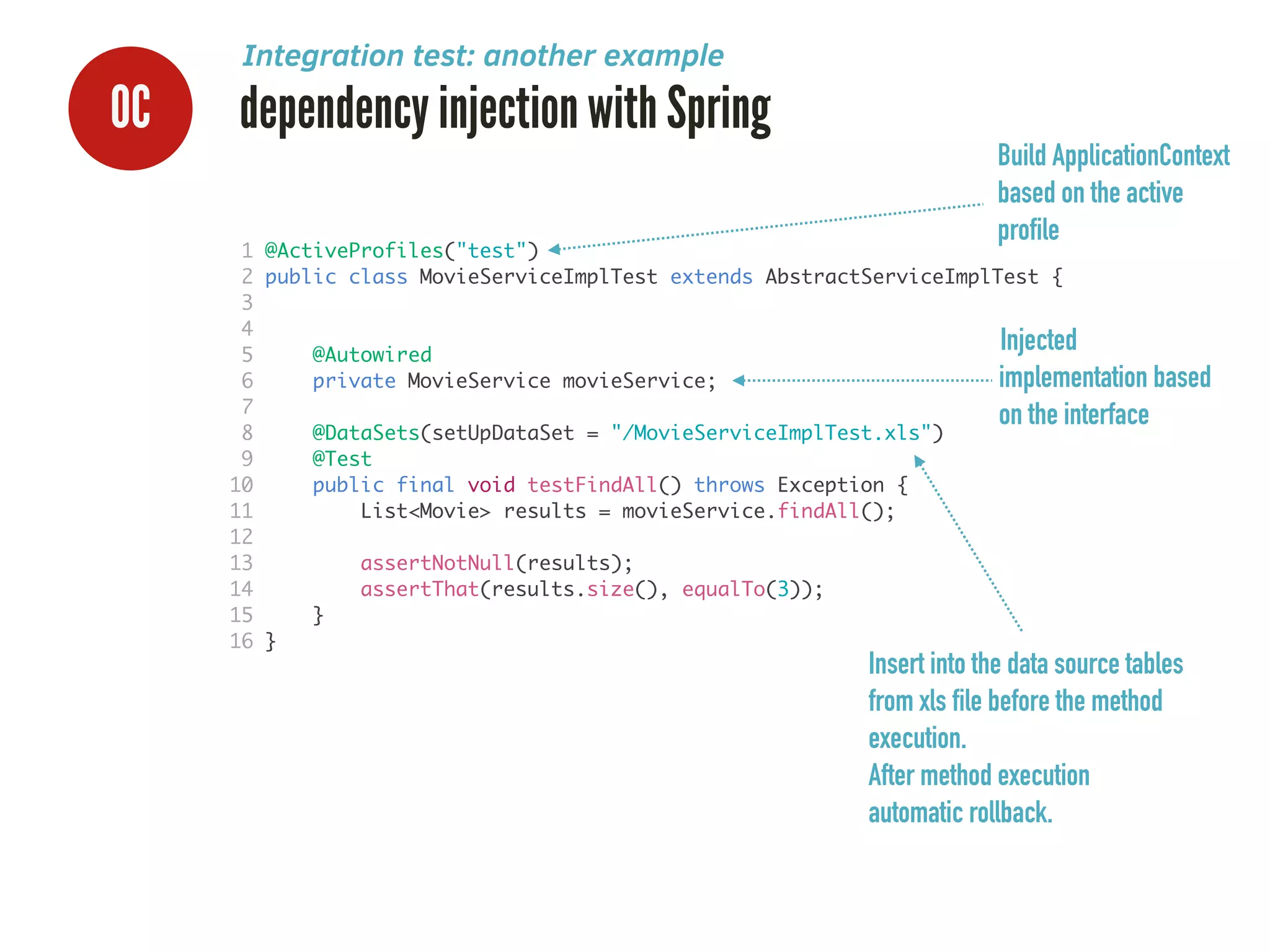 0C dependency injection with Spring
Integration test: another example
1 @ActiveProfiles("test")	
2 public class MovieServiceImplTest extends AbstractServiceImplTest {	
3 	
4 	
5 @Autowired	
6 private MovieService movieService;	
7 	
8 @DataSets(setUpDataSet = "/MovieServiceImplTest.xls")	
9 @Test	
10 public final void testFindAll() throws Exception {	
11 List<Movie> results = movieService.findAll();	
12 	
13 assertNotNull(results);	
14 assertThat(results.size(), equalTo(3));	
15 }	
16 }	
Injected
implementation based
on the interface
Build ApplicationContext
based on the active
profile
Insert into the data source tables
from xls file before the method
execution.
After method execution
automatic rollback.
 
