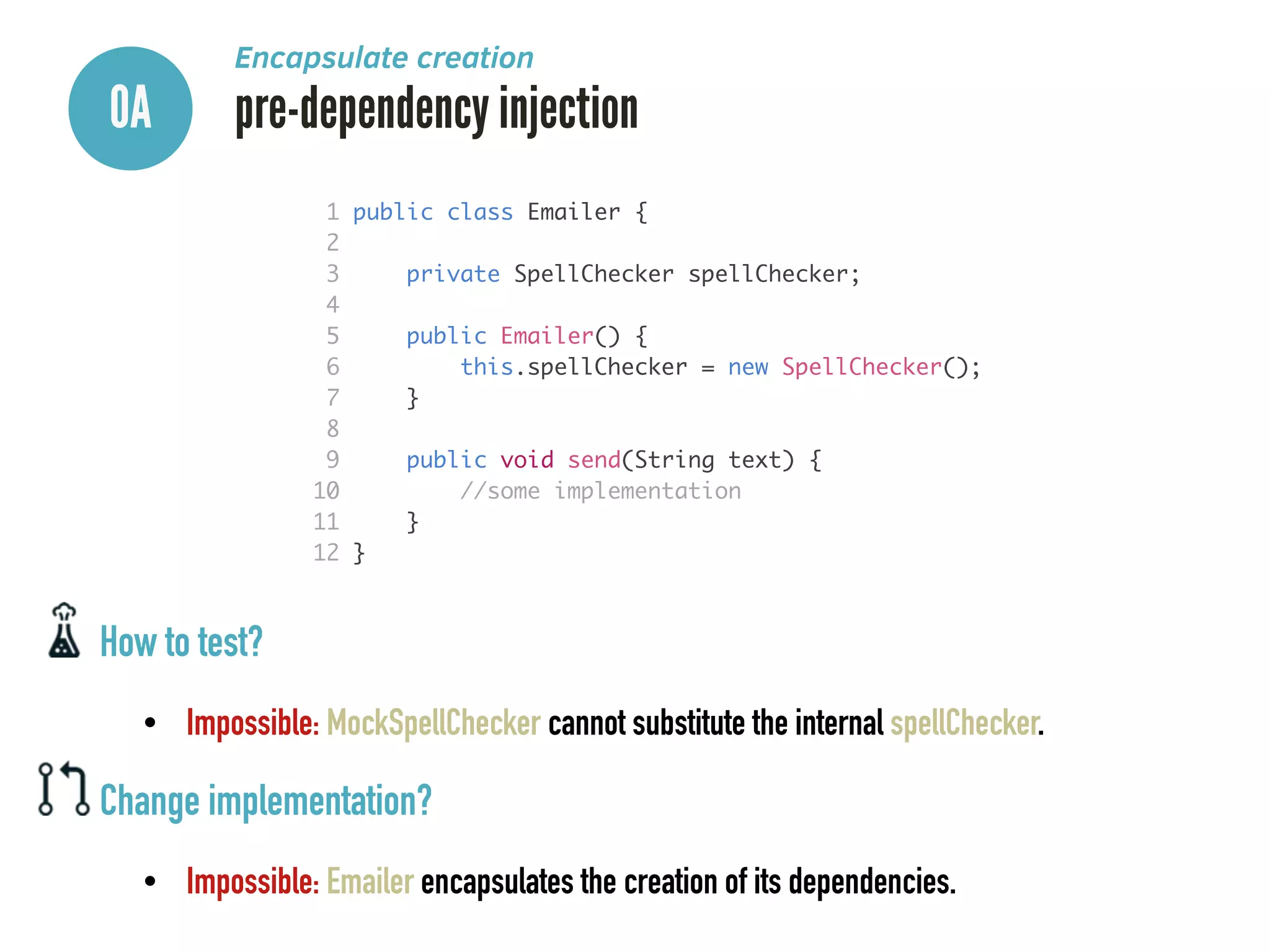 0A pre-dependency injection
Encapsulate creation
1 public class Emailer {	
2 	
3 private SpellChecker spellChecker;	
4 	
5 public Emailer() {	
6 this.spellChecker = new SpellChecker();	
7 }	
8 	
9 public void send(String text) {	
10 //some implementation	
11 }	
12 }
How to test?
• Impossible: MockSpellChecker cannot substitute the internal spellChecker.
Change implementation?
• Impossible: Emailer encapsulates the creation of its dependencies.
 