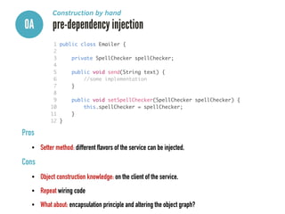 0A pre-dependency injection
Construction by hand
1 public class Emailer {	
2 	
3 private SpellChecker spellChecker;	
4 	
5 public void send(String text) {	
6 //some implementation	
7 }	
8 	
9 public void setSpellChecker(SpellChecker spellChecker) {	
10 this.spellChecker = spellChecker;	
11 }	
12 }
Pros
• Setter method: different flavors of the service can be injected.
Cons
• Object construction knowledge: on the client of the service.
• Repeat wiring code
• What about: encapsulation principle and altering the object graph?
 
