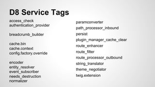 D8 Service Tags 
access_check 
authentication_provider 
breadcrumb_builder 
cache.bin 
cache.context 
config.factory.override 
encoder 
entity_resolver 
event_subscriber 
needs_destruction 
normalizer 
paramconverter 
path_processor_inbound 
persist 
plugin_manager_cache_clear 
route_enhancer 
route_filter 
route_processor_outbound 
string_translator 
theme_negotiator 
twig.extension 
 
