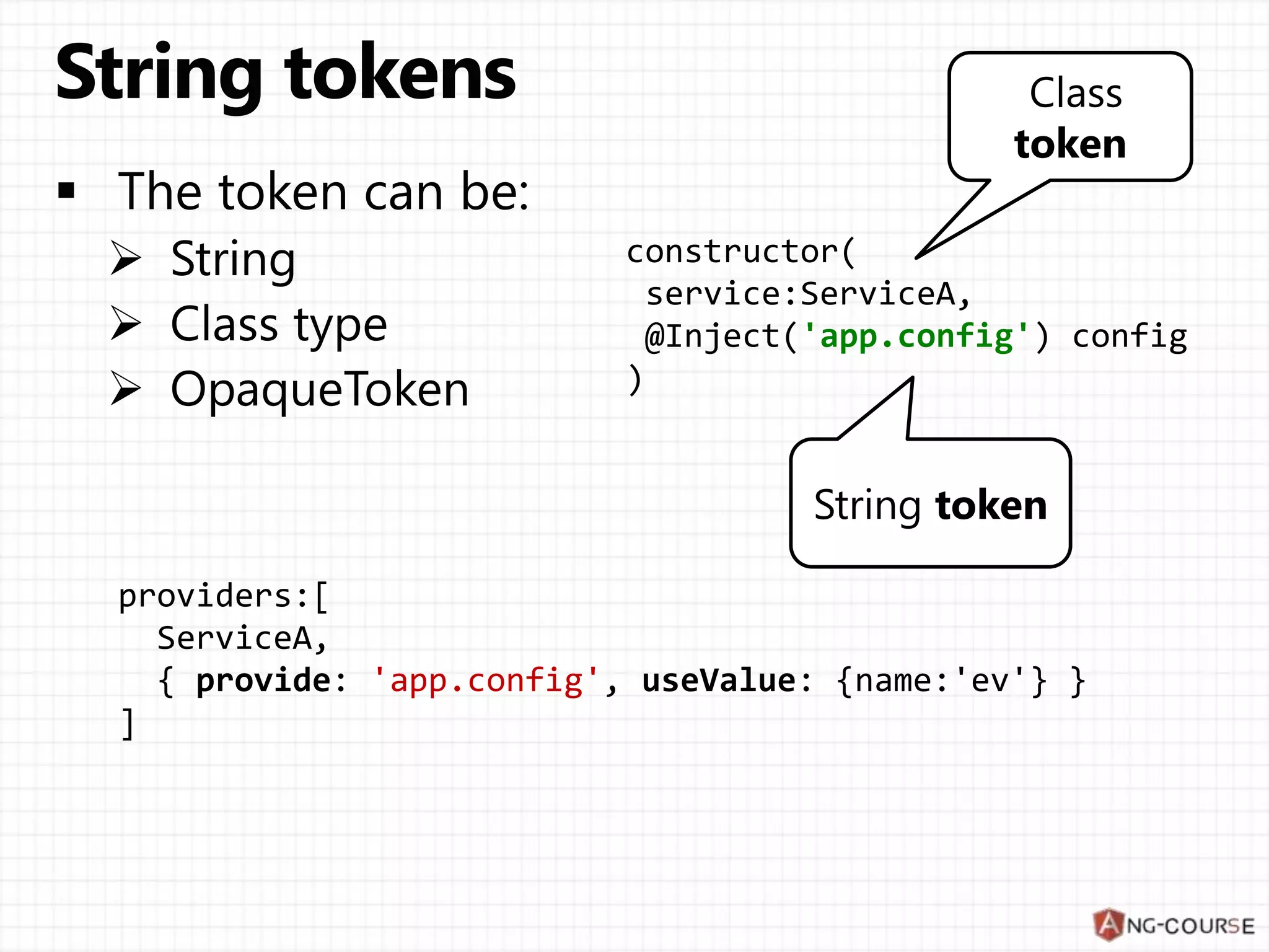 providers:[ ServiceA, { provide: 'app.config', useValue: {name:'ev'} } ] constructor( service:ServiceA, @Inject('app.config') config ) Class token String token 