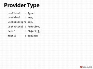 useClass? : Type,
useValue? : any,
useExisting?: any,
useFactory? : Function,
deps? : Object[],
multi? : boolean
 
