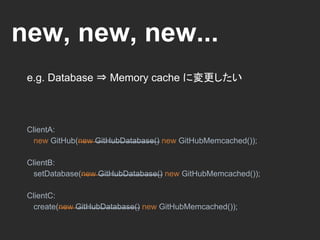 new, new, new...
e.g. UnitTestではMemory cacheでテストしたい
ClientA:
new GitHub(new GitHubDatabase() new GitHubMemcached());
ClientB:
setDatabase(new GitHubDatabase() new GitHubMemcached());
ClientC:
create(new GitHubDatabase() new GitHubMemcached());
 