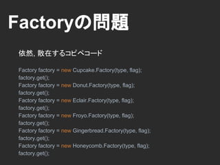 Factoryの問題
依然, 散在するコピペコード
Factory.getGitHubStore(type, flag);
Factory.getGitHubStore(type, flag);
Factory.getGitHubStore(type, flag);
Factory.getGitHubStore(type, flag);
Factory.getGitHubStore(type, flag);
Factory.getGitHubStore(type, flag);
Factory.getGitHubStore(type, flag);
Factory.getGitHubStore(type, flag);
Factory.getGitHubStore(type, flag);
Factory.getGitHubStore(type, flag);
Factory.getGitHubStore(type, flag);
Factory.getGitHubStore(type, flag);
Factory.getGitHubStore(type, flag);
Factory.getGitHubStore(type, flag);
 