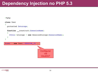 14
Dependency Injection no PHP 5.3
Configurar
via
Usuário?
<?php
class User
{
  protected $storage;
  function __construct($sessionName)
  {
    $this­>storage = new SessionStorage($sessionName);
  }
}
$user = new User('SESSION_ID');
 