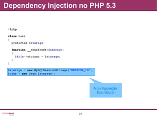 25
A configuração
fica natural
<?php
class User
{
  protected $storage;
  function __construct($storage)
  {
    $this­>storage = $storage;
  }
}
$storage = new MySQLSessionStorage('SESSION_ID');
$user = new User($storage);
Dependency Injection no PHP 5.3
 