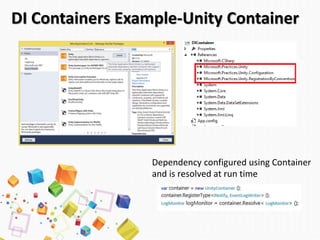 DI Containers Example-Unity Container
Dependency configured using Container
and is resolved at run time
 